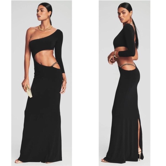 Retrofete Dresses & Skirts - RETROFETE  black Whitney Cutout gold chain one shoulder dress $595